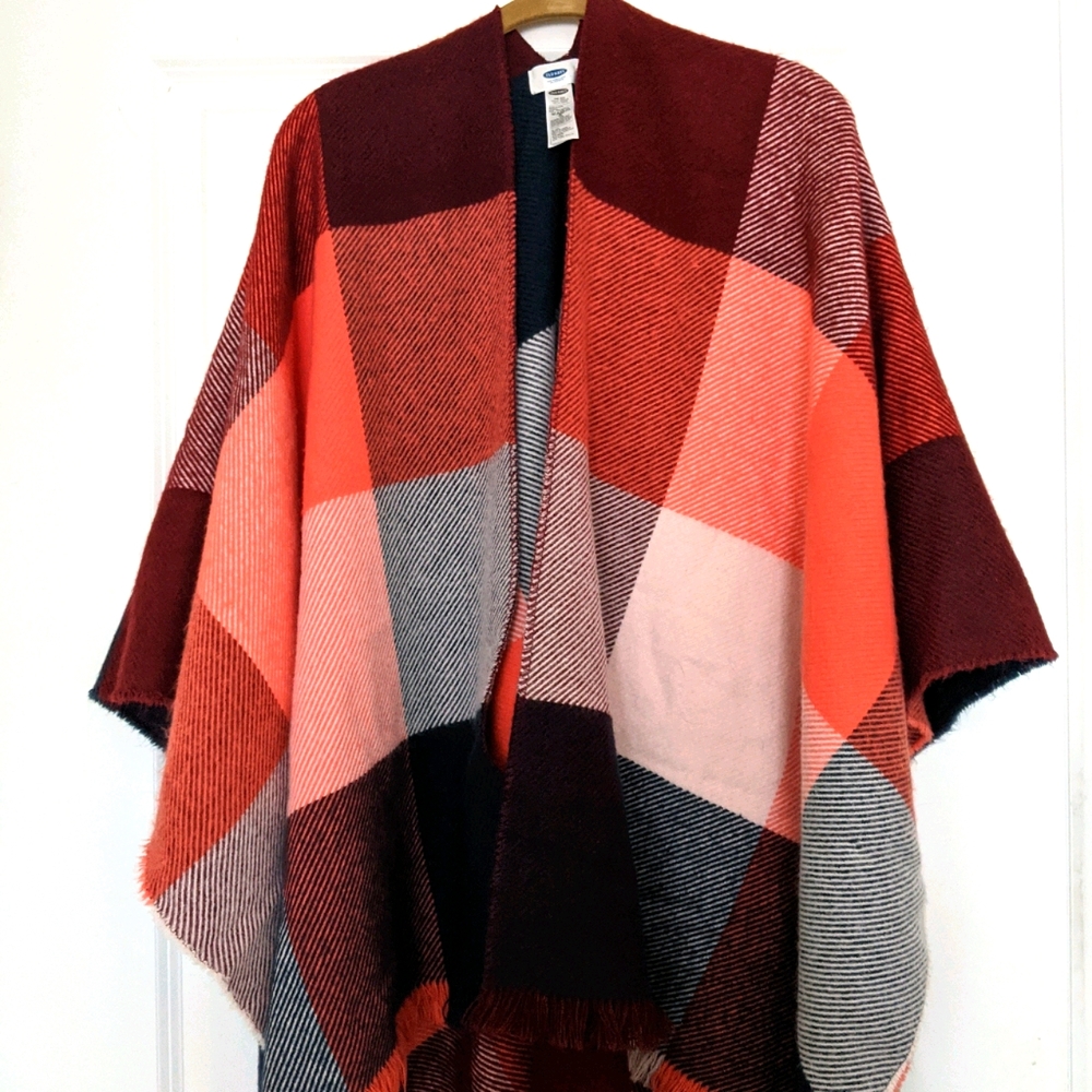 Red and Navy Open-Front Poncho